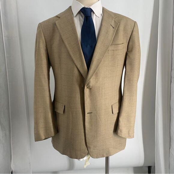 Hart Schaffner Marx Tan Windowpane 2 Button Silk Blend  Sport Coat 46L - Picture 1 of 11